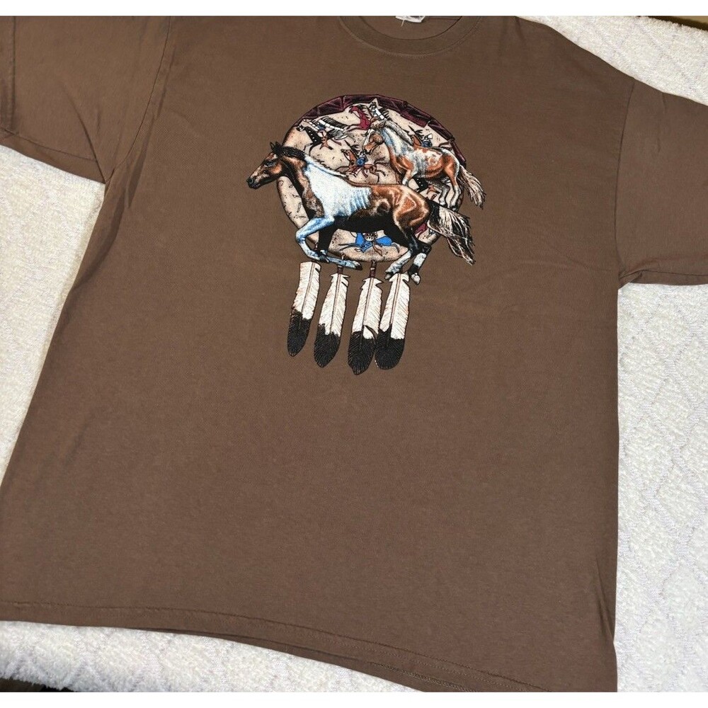 Vintage Native American Warriors Horse Riding Dream catcher Graphic Brown Tee L - Picture 4 of 9